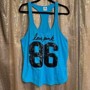 Y2K PINK Victorias Secret Malibu Blue Black 86 Sequin Stretchy Racerback Tank To